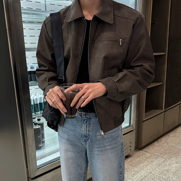 MYQ American vintage short leather men's autumn baggy lapel leather jacket  version of the trend plankton handsome motorcycle clothing