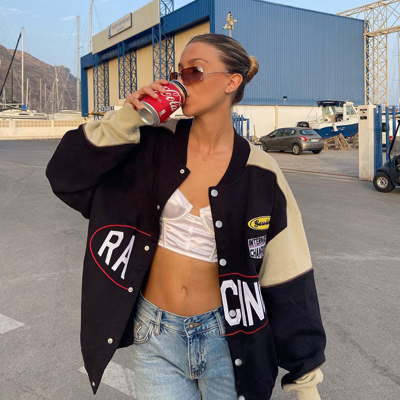 JY21521 Knitting College style collide color baseball uniform European and American winter women's printed loose long sleeve jacket