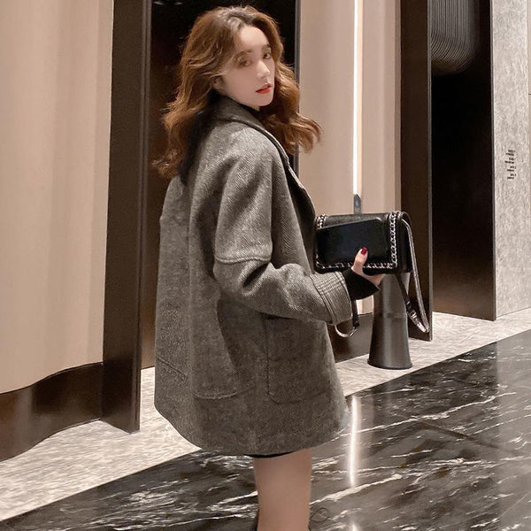 2022 new Korean senior sense woolen coat women's mid-length loose small man autumn and winter woolen coat