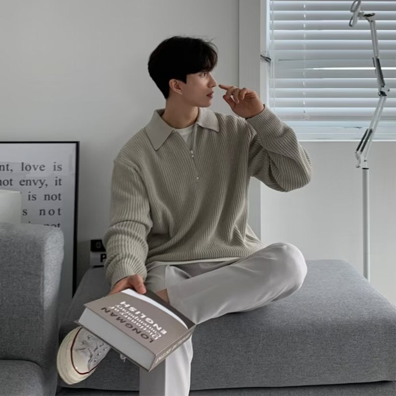 Premium sense cleanfit half-zip lapel POLO shirt sweater men's new casual knit top for early fall