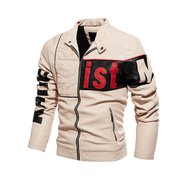 New men's jacket, trendy motorcycle suit for men, two-tone pu coat, beige leather jacket for men