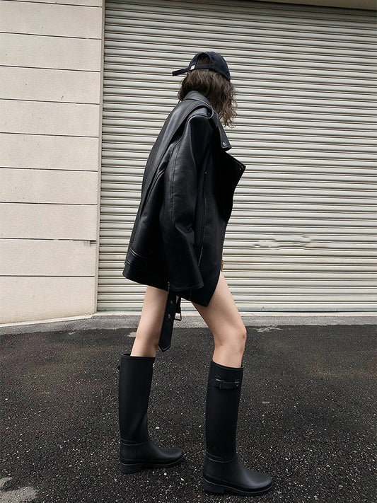 Black loose locomotive leather jacket female