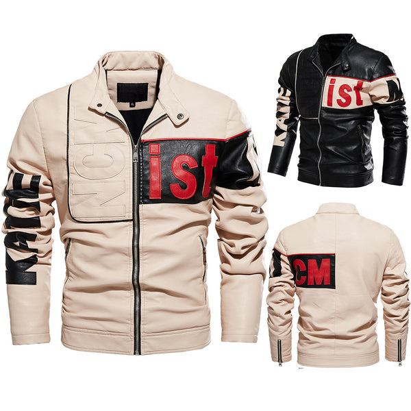 New men's jacket, trendy motorcycle suit for men, two-tone pu coat, beige leather jacket for men