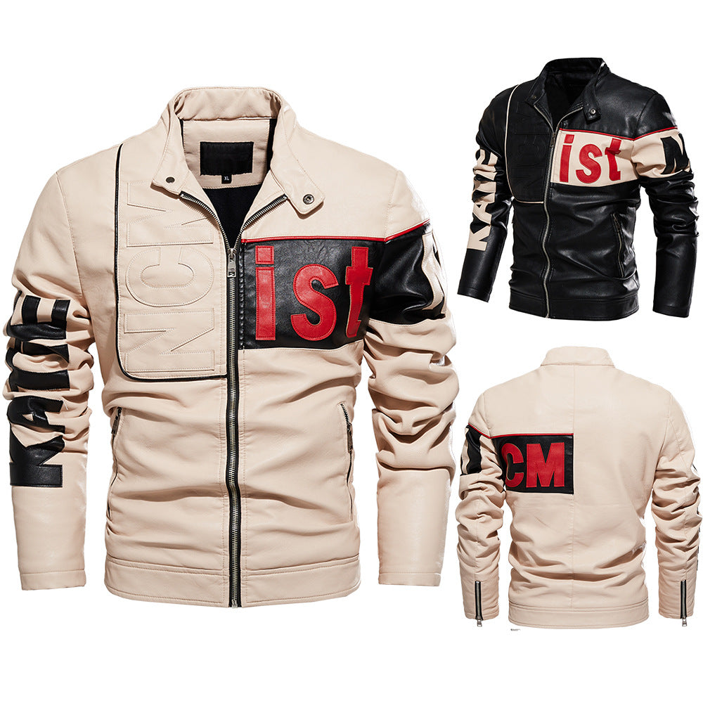 New men's jacket, trendy motorcycle suit for men, two-tone pu coat, beige leather jacket for men