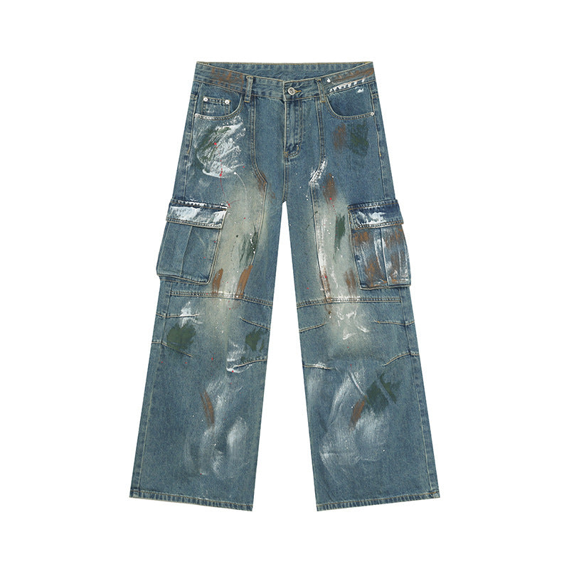 Jiezhan YOU : Graffiti multi-pocket blue wide-leg jeans 25 autumn American high street cargo pants for men