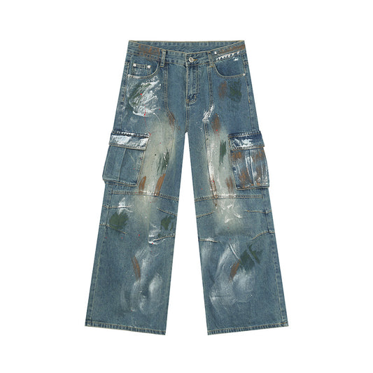 Jiezhan YOU : Graffiti multi-pocket blue wide-leg jeans 25 autumn American high street cargo pants for men