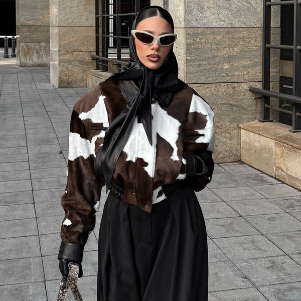 American street style design, cow print leather jacket, hoodless, versatile short jacket, trendy for women