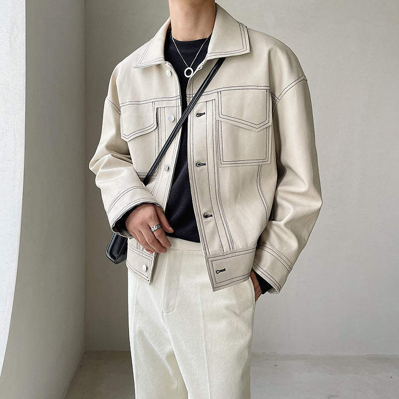 South Korea light ripe wind series bright line leather coat short style quality loose drop shoulder sleeve PU leather coat INS trend motorcycle men