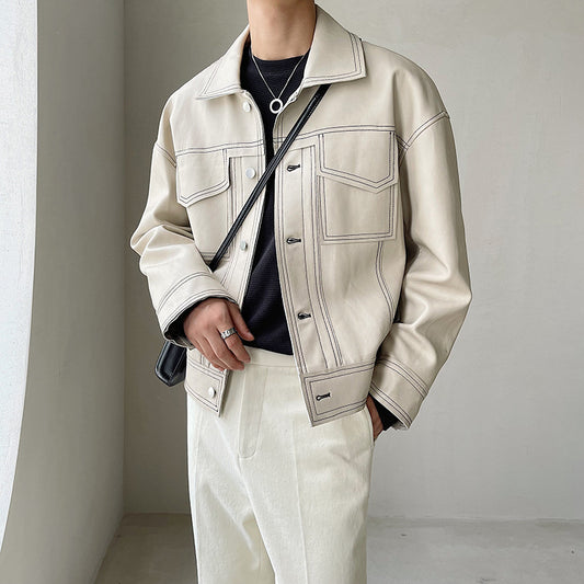 South Korea light ripe wind series bright line leather coat short style quality loose drop shoulder sleeve PU leather coat INS trend motorcycle men